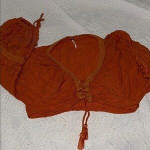 Free People Rust Orange Cropped long sleeve Blouse EUC XS
